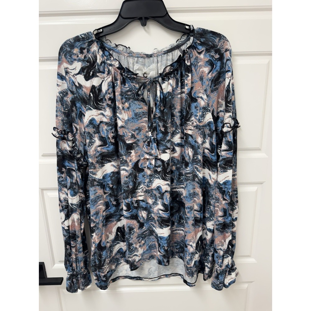 CUPIO Blouse Womens XL Multicolor Ruffle Tassel Long Sleeve Stretchy Boho Top